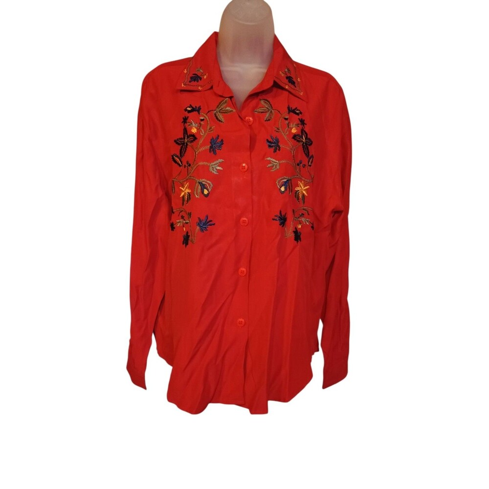 SK & COMPANY Vintage Embroidery Button Up Shirt Blouse Red Womens Size 12